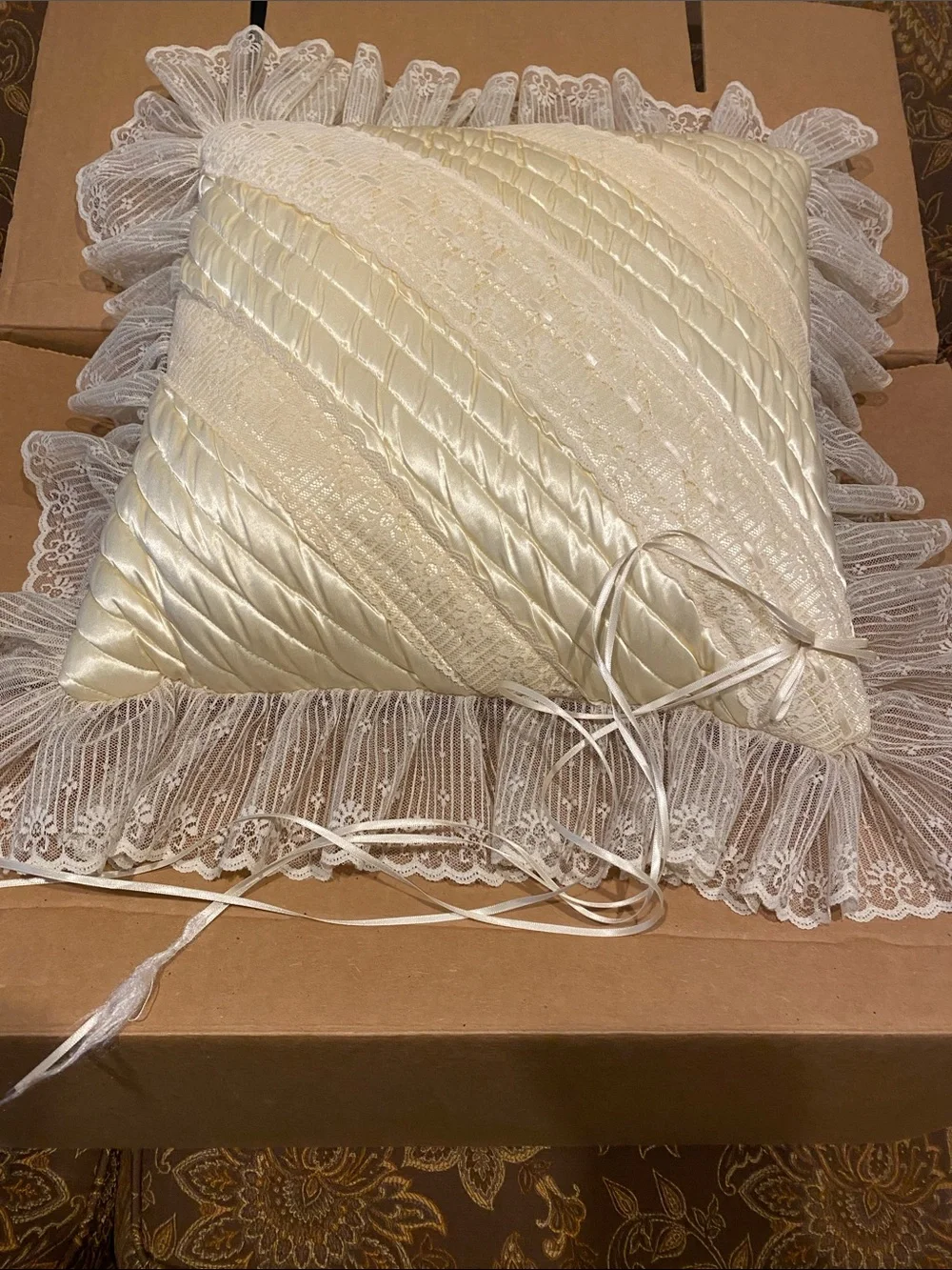 Ivory Satin Decorative Lace Accent Pillow
